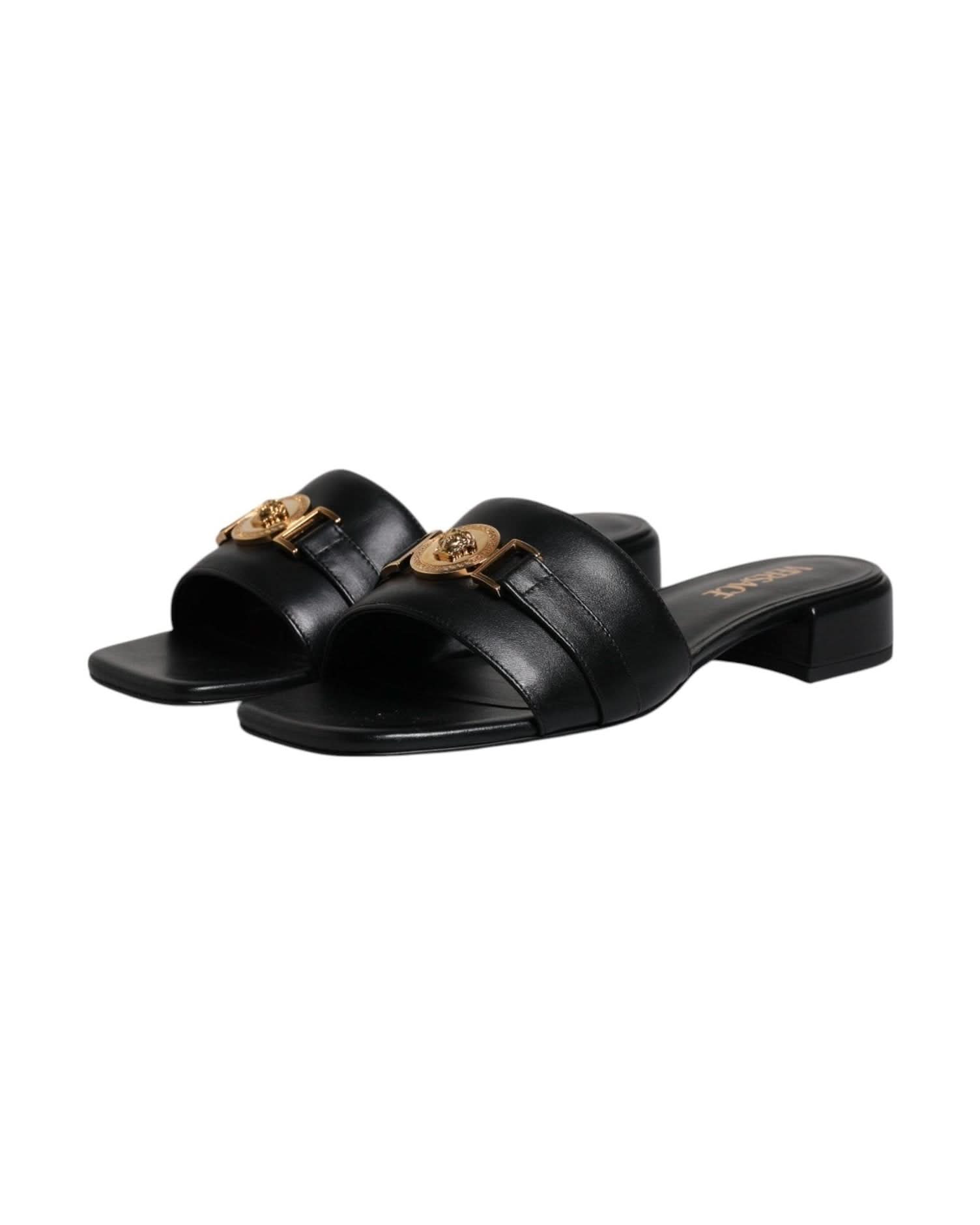Versace Leather Black Logo Plaque Slip On Slides Flats Shoes Heels