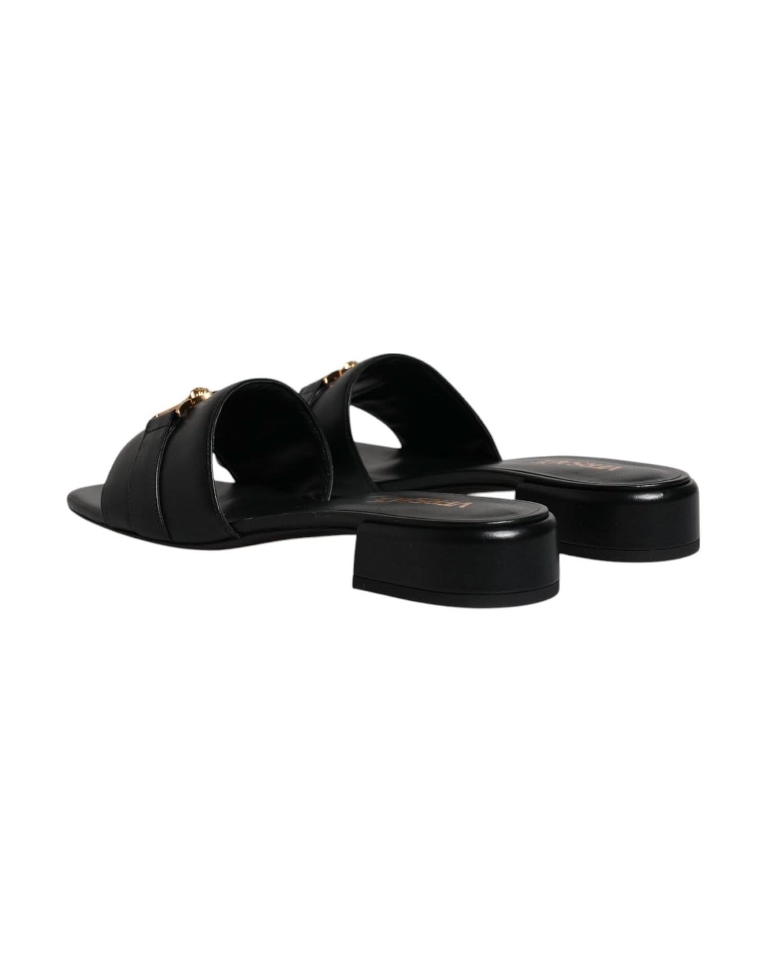 Versace Leather Black Logo Plaque Slip On Slides Flats Shoes Heels