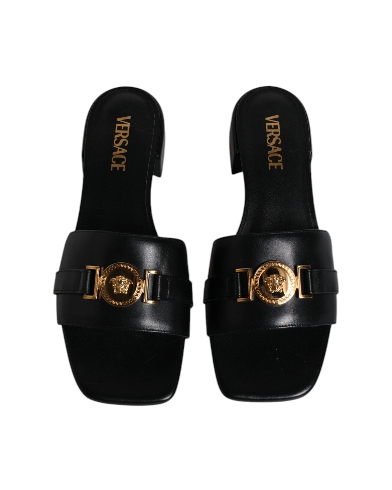 Versace Black Leather Logo Plaque Slip On Slides Flats Shoes Glam Steals