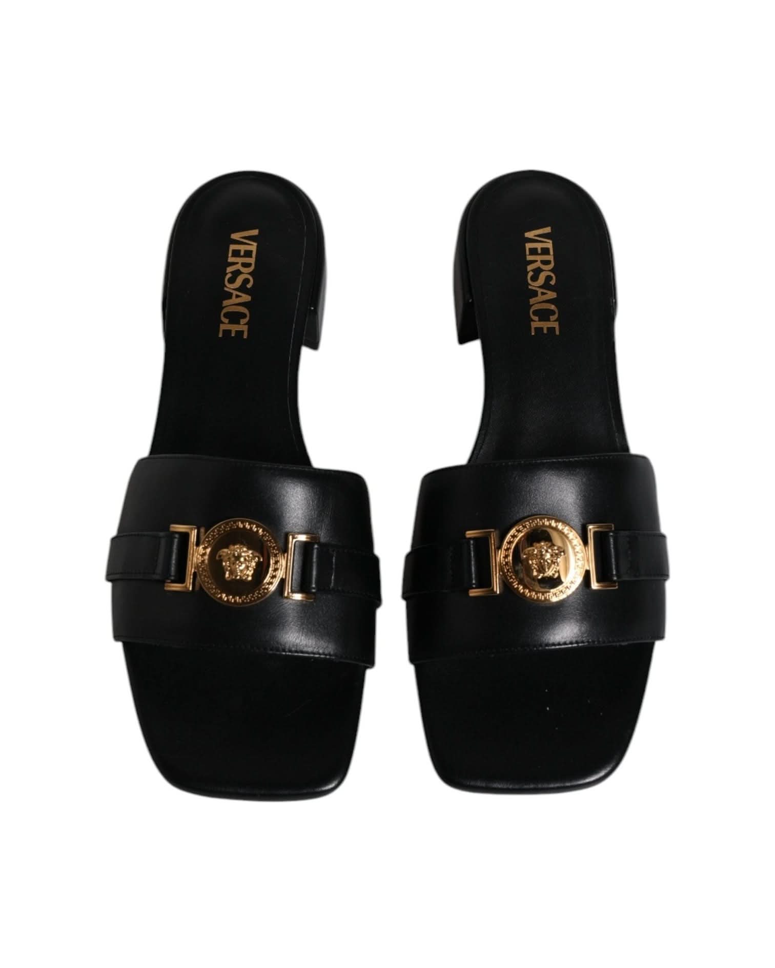 Versace Leather Black Logo Plaque Slip On Slides Flats Shoes Heels