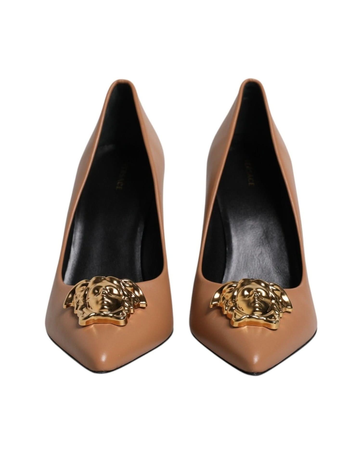 Versace Leather Brown Logo Plaque High Heels Pumps Shoes Heels