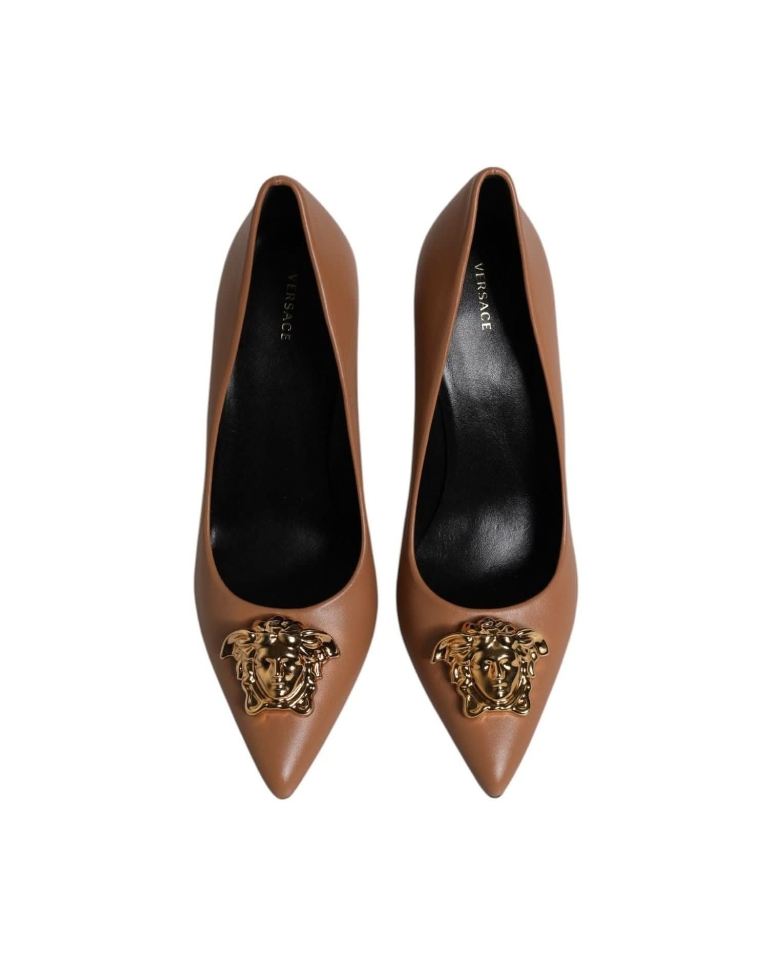 Versace Leather Brown Logo Plaque High Heels Pumps Shoes Heels