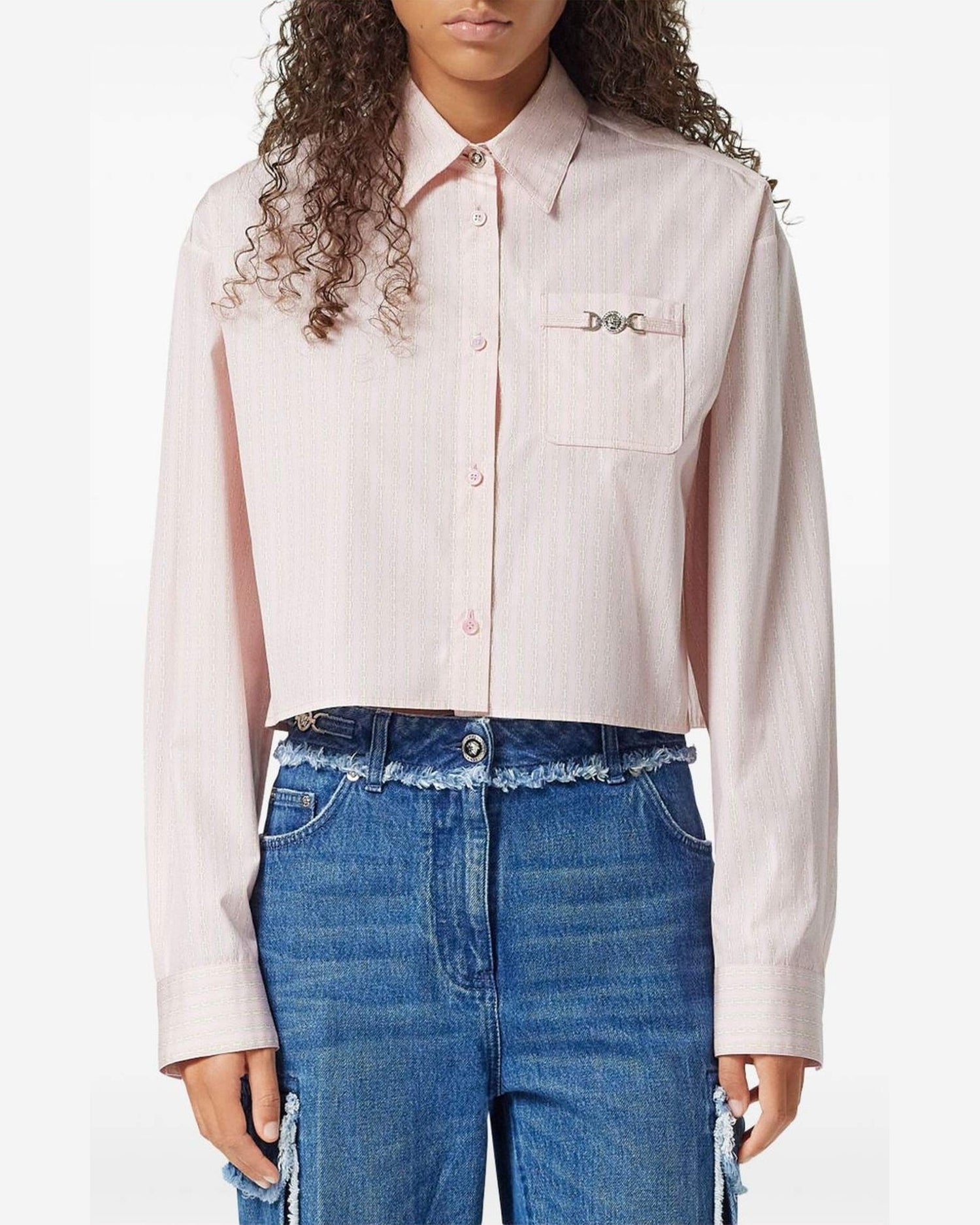 Versace Pinstripe Chain Boxy Short Shirt Glam Steals