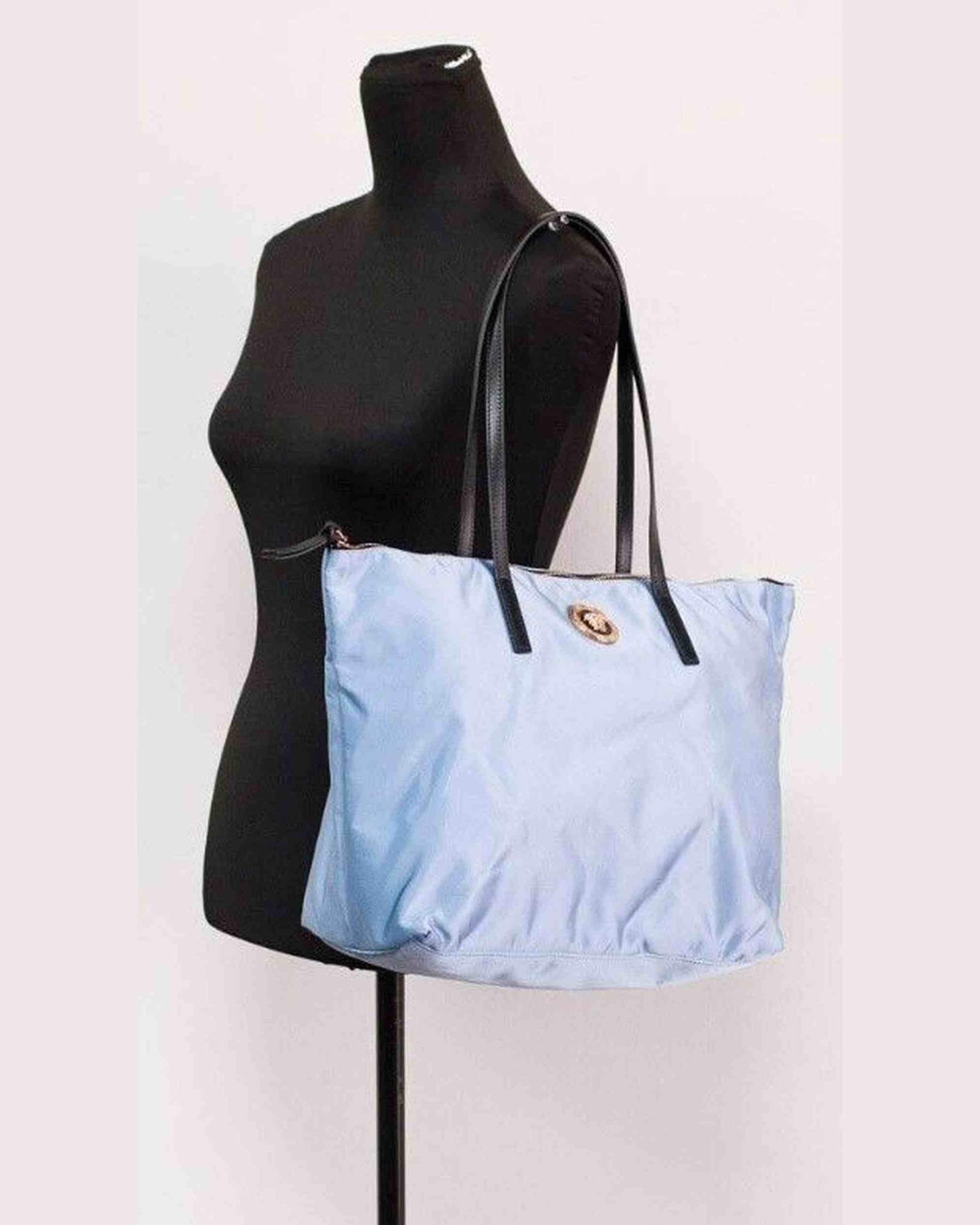 Versace Portuna Medusa Medium Cornflower Nylon Leather Tote Bag Blue Purse Glam Steals