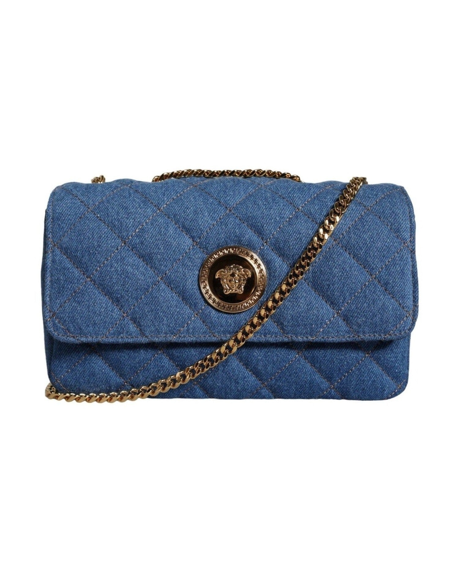 Versace Quilted Denim Leather Crossbody Shoulder Blue Bag Glam Steals