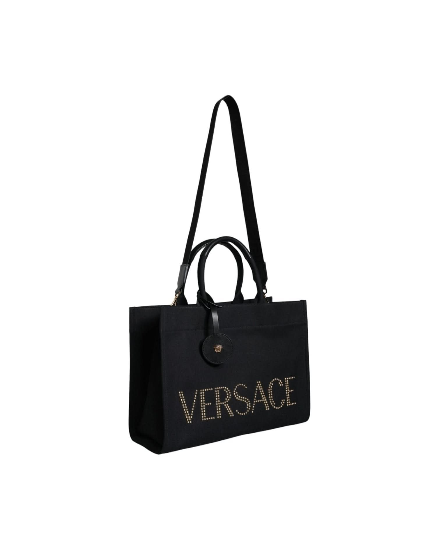 Versace Top Black Handle Canvas Leather Logo Crossbody Tote Bag Cross Body Bags