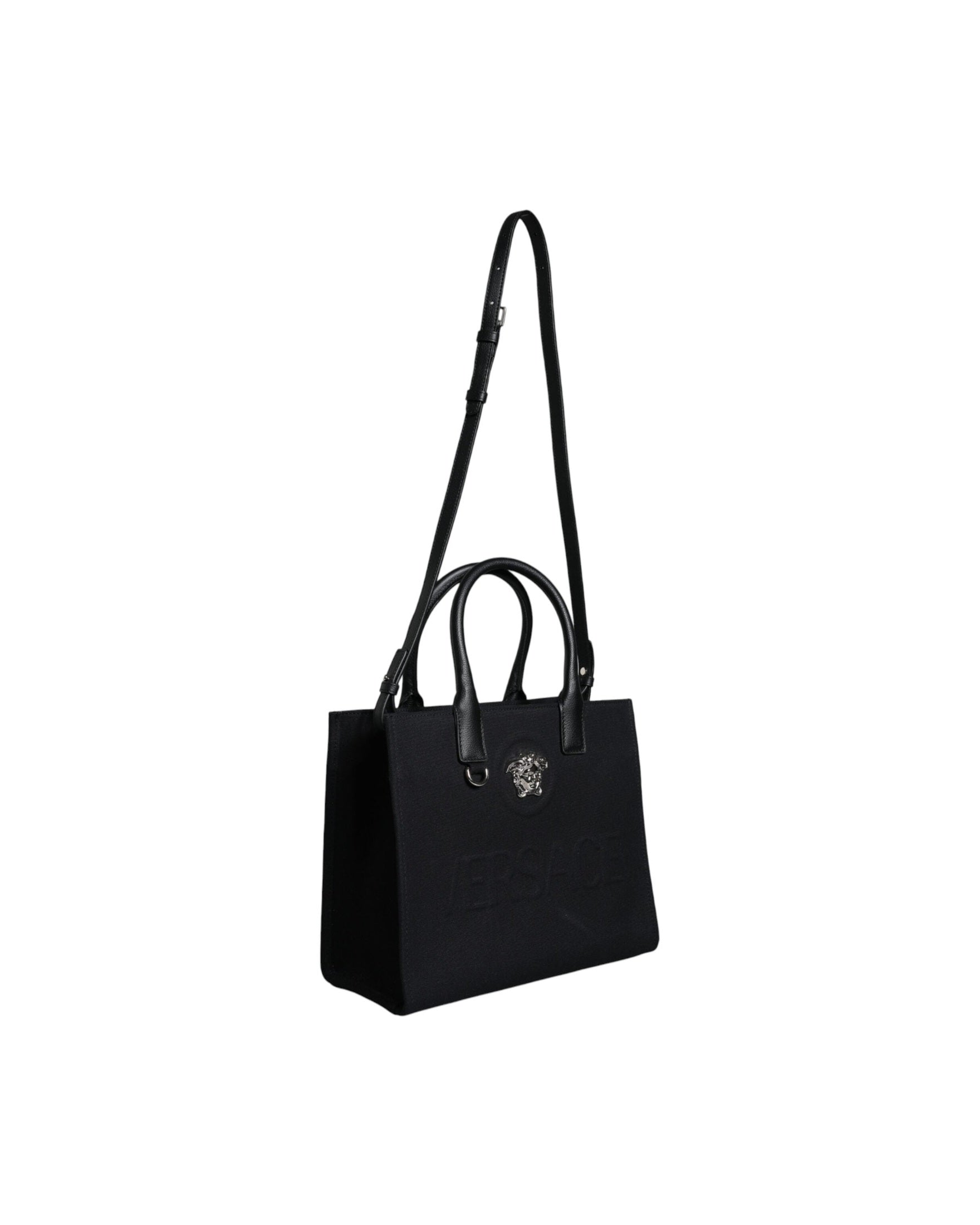 Versace Top Handle Canvas Leather Logo Crossbody Tote Black Bag Glam Steals