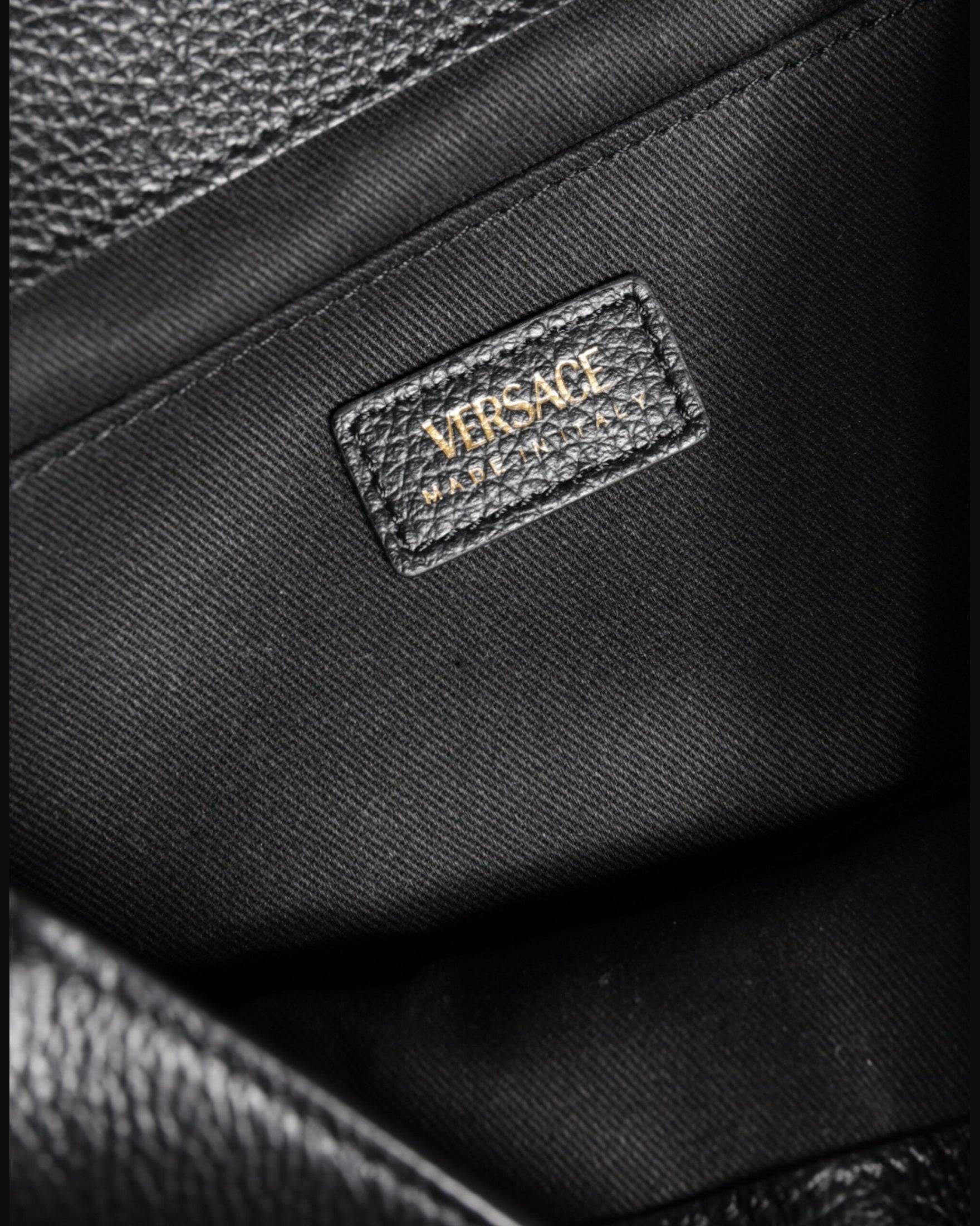 Versace Top Handle Grainy Calfskin Leather Crossbody Black Bag Glam Steals