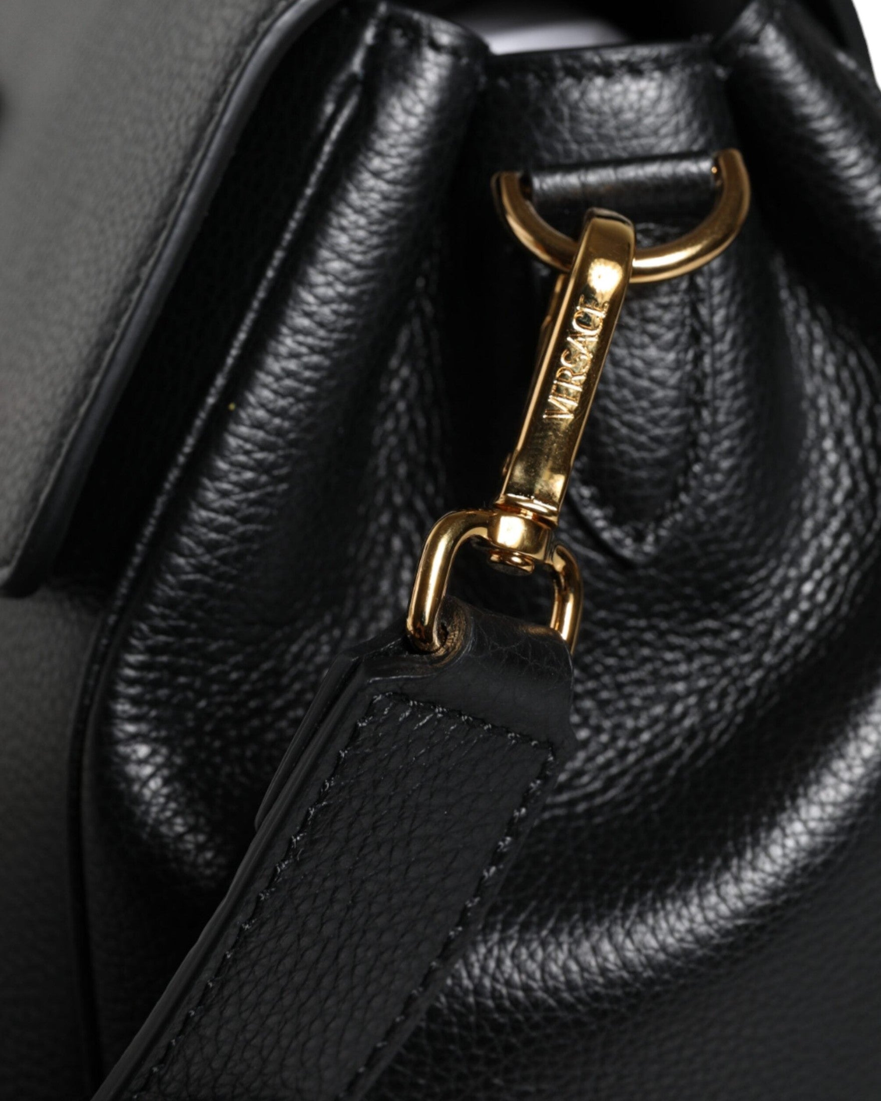 Versace Top Handle Grainy Calfskin Leather Crossbody Black Bag Glam Steals