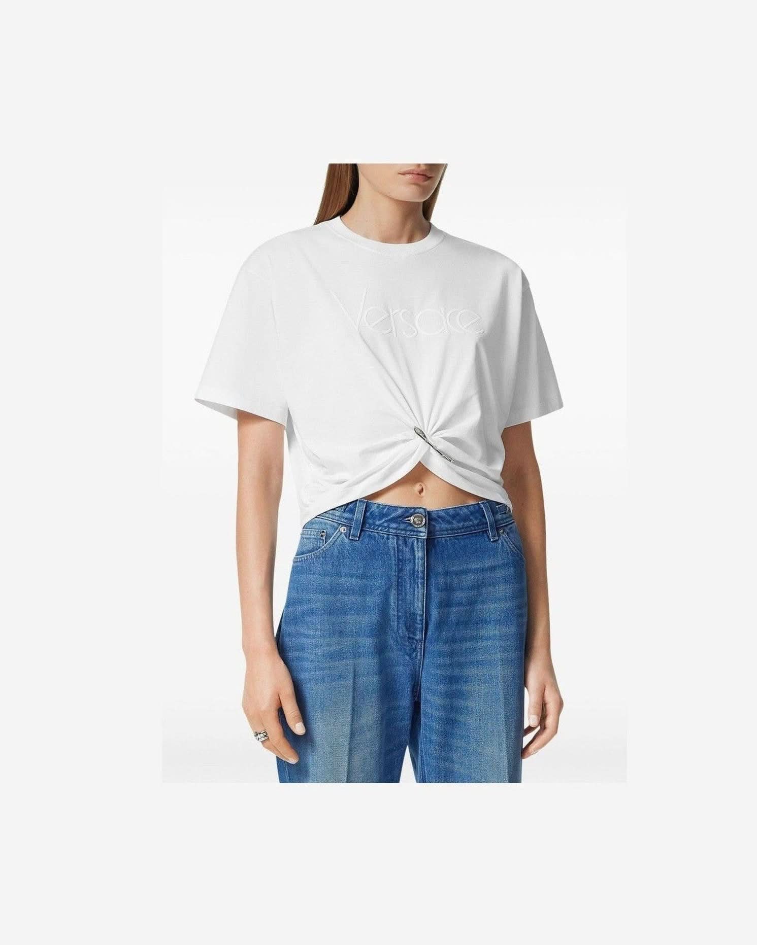 Versace Logo White Embroidered T-Shirt T-Shirts