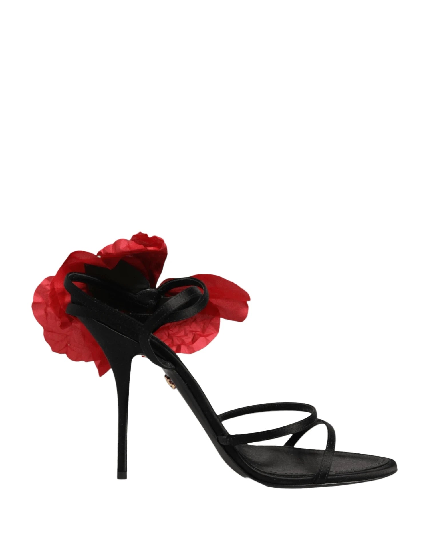 Dolce & Gabbana Black Leather Strappy Flower Heels Sandals Shoes Heels