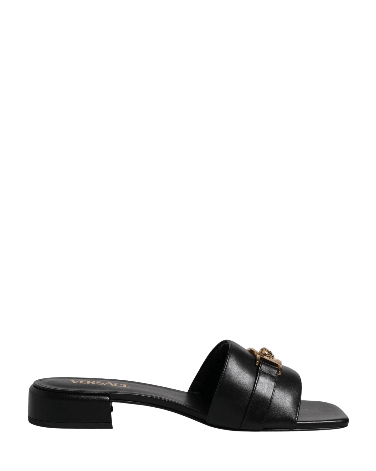 Versace Leather Black Logo Plaque Slip On Slides Flats Shoes Heels