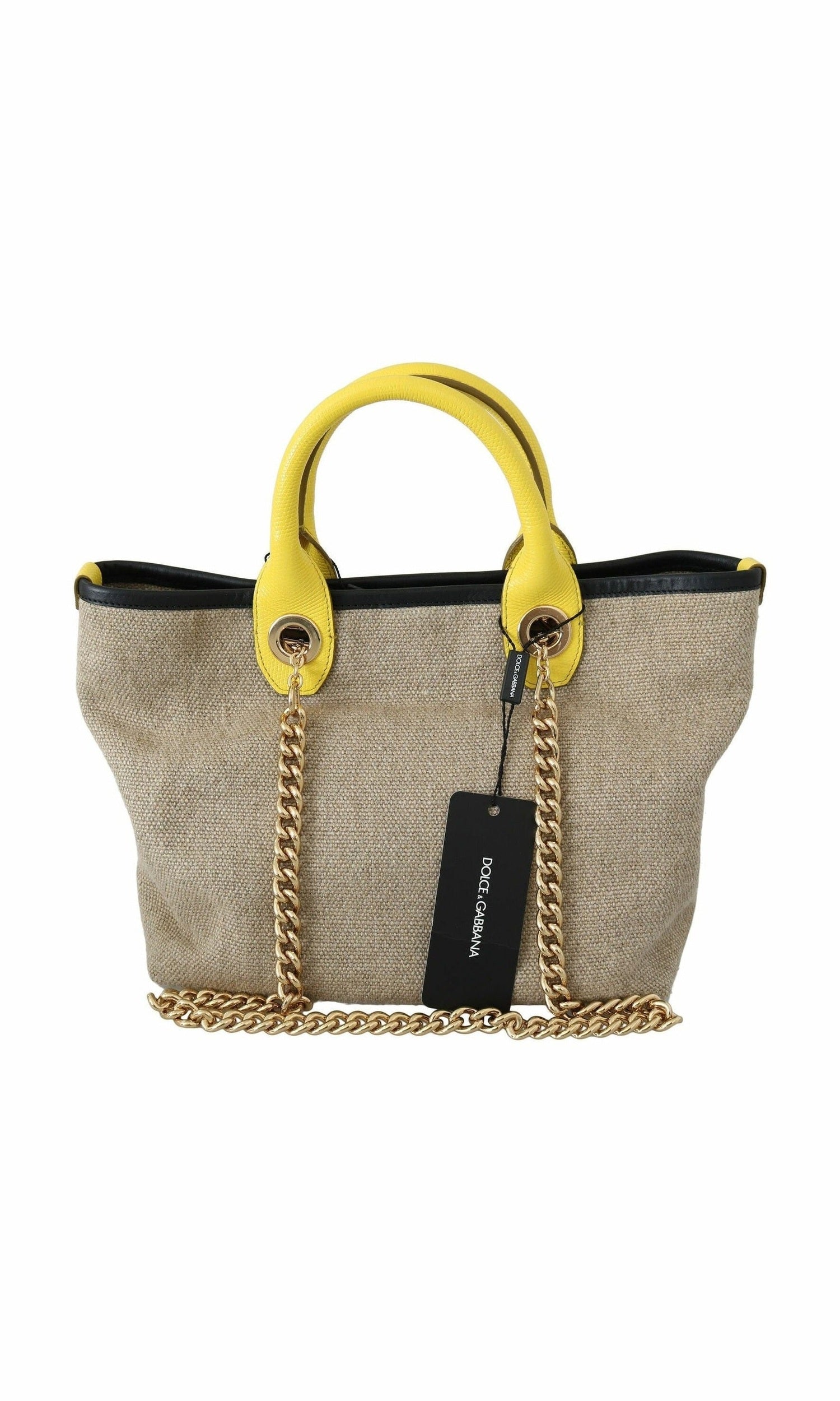 Dolce & Gabbana Beige Linen Calf Tote With Gold Chain Glam Steals