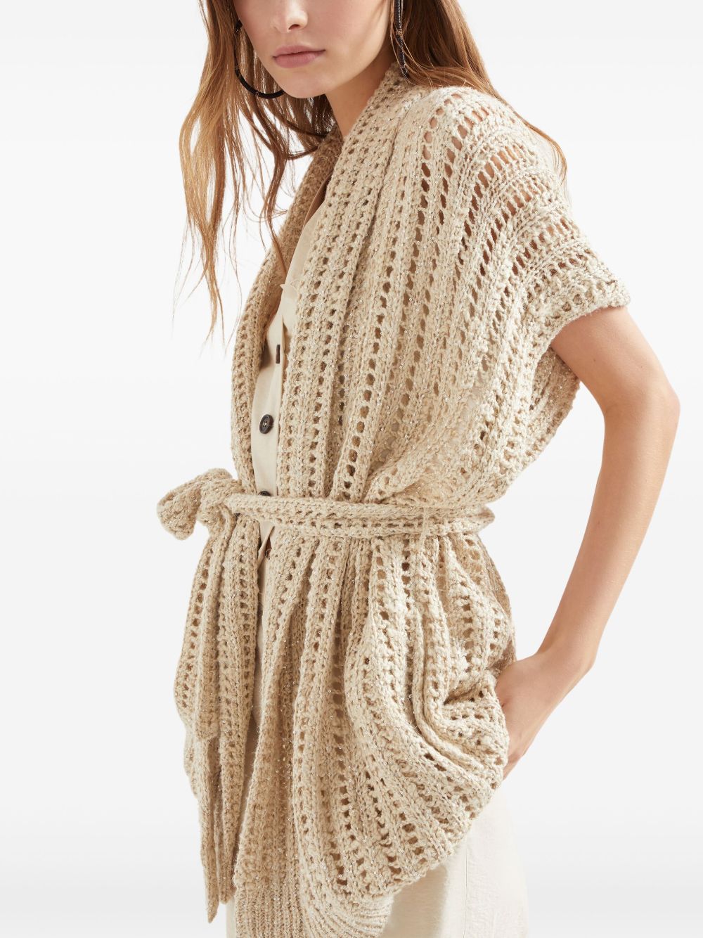 Brunello Cucinelli Dazzling Silk And Linen Openwork Rib Cardigan
