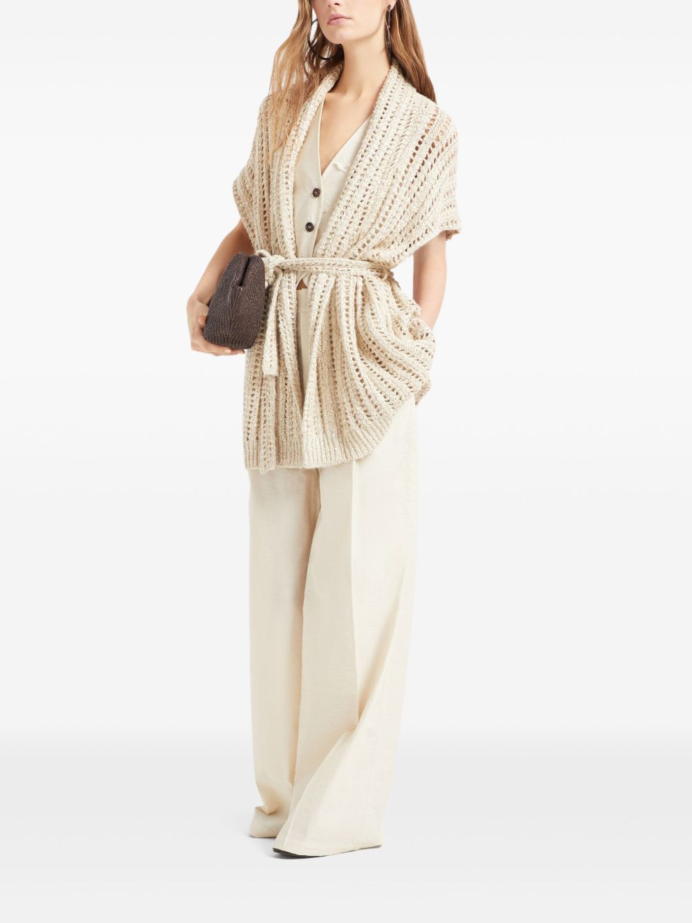 Brunello Cucinelli Dazzling Silk And Linen Openwork Rib Cardigan