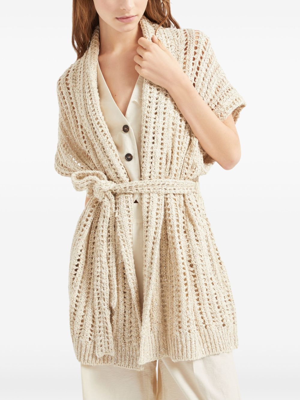 Brunello Cucinelli Dazzling Silk And Linen Openwork Rib Cardigan