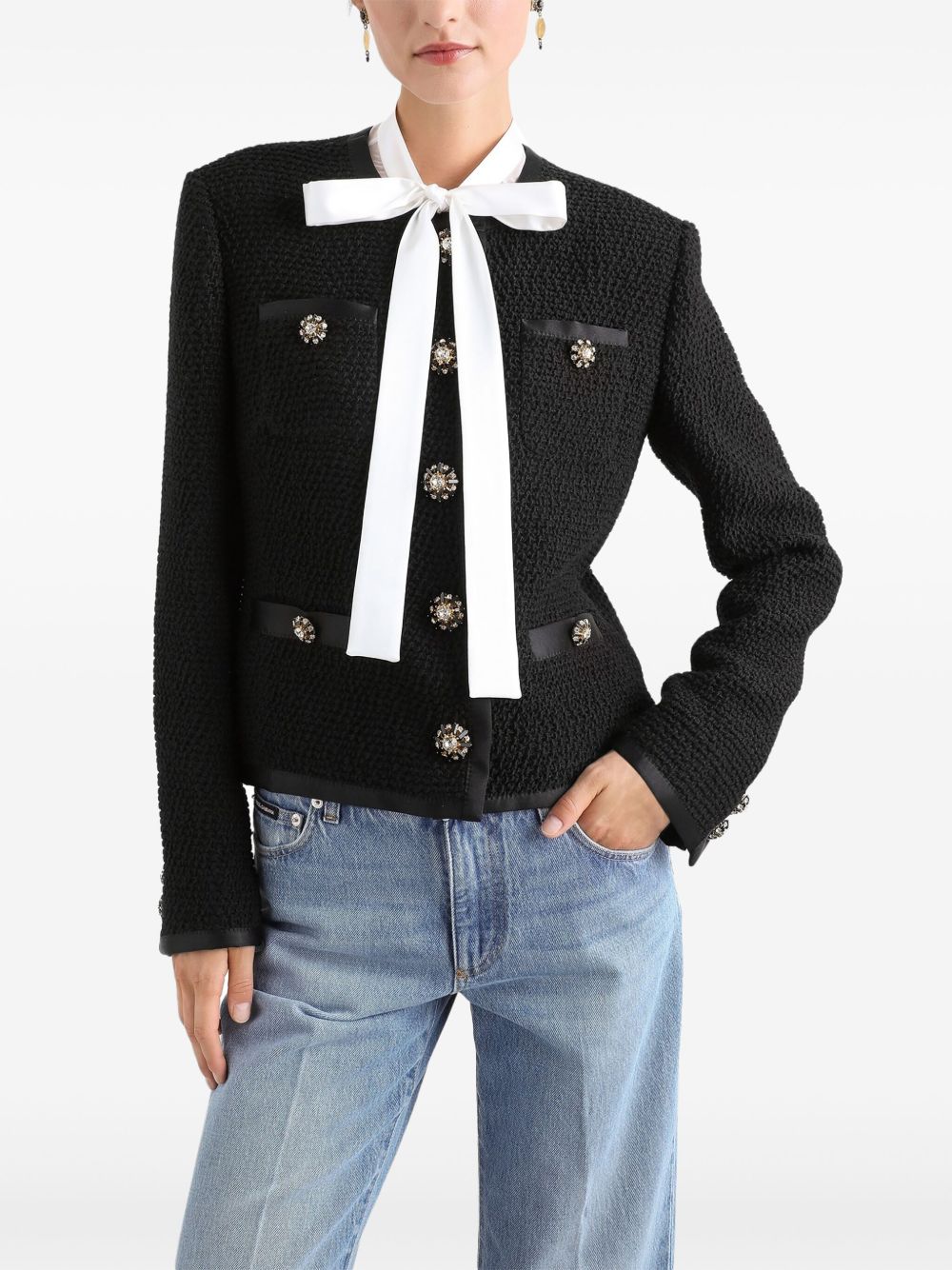 Dolce & Gabbana Tweed Short Single Breasted Curly Jacket With Jewel Buttons