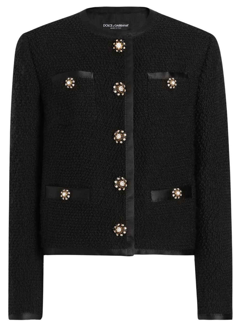 Dolce & Gabbana Tweed Short Single Breasted Curly Jacket With Jewel Buttons