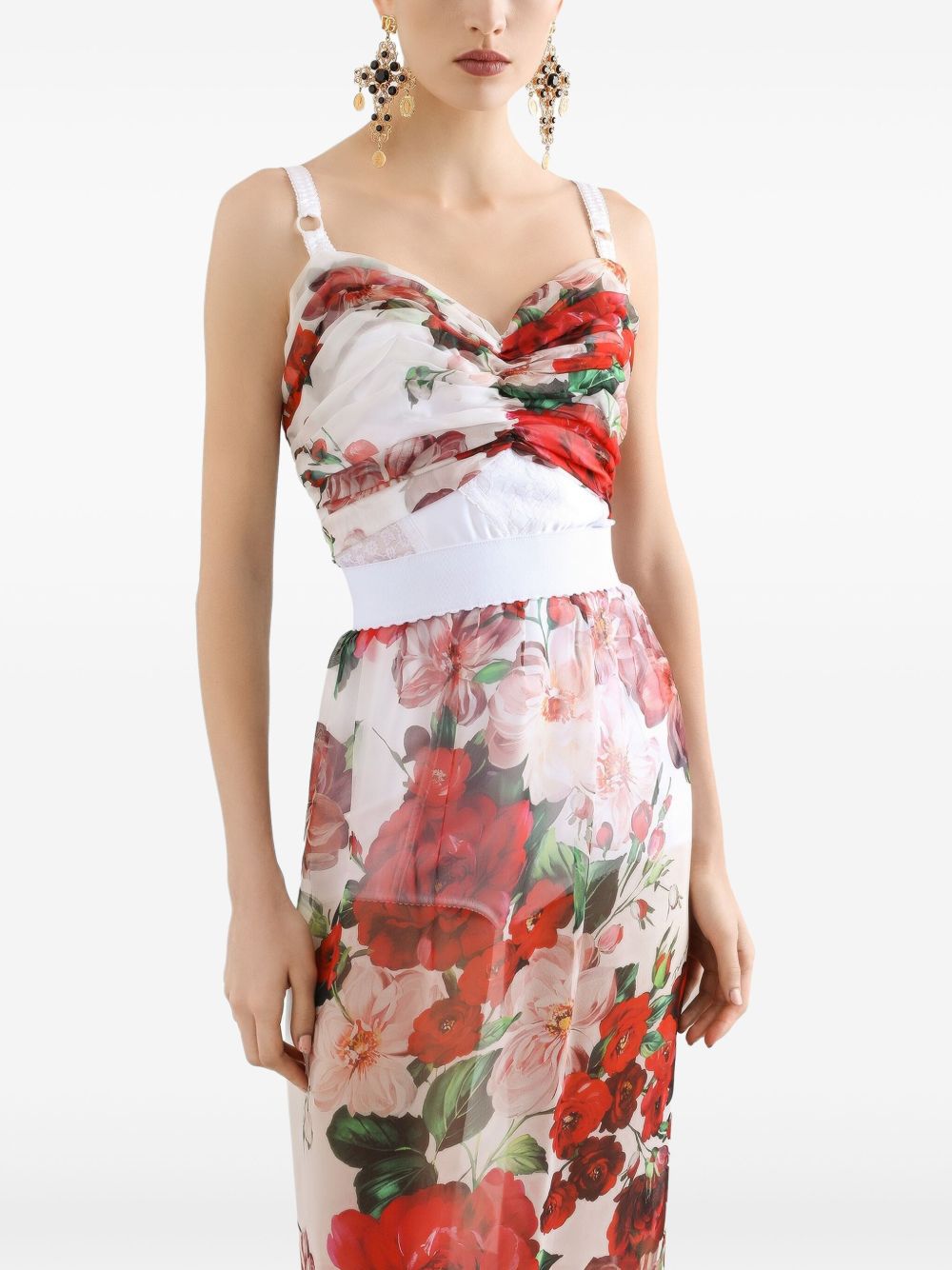Dolce & Gabbana Rose Print Bustier Top In Marquisette And Chiffon