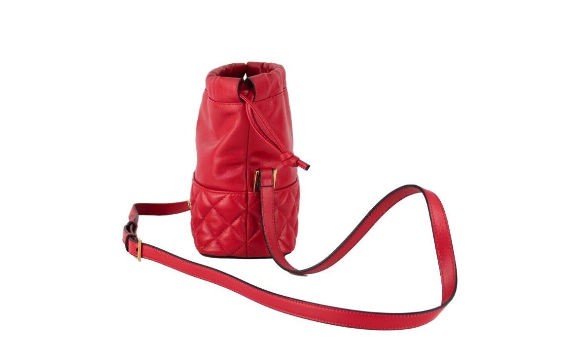 Versace Quilted Leather Drawstring Shoulder Bag Bucket Crossbody Red Handbag