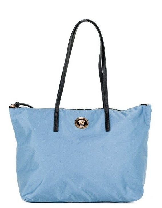 Versace Portuna Medusa Medium Cornflower Nylon Leather Tote Bag Blue Purse
