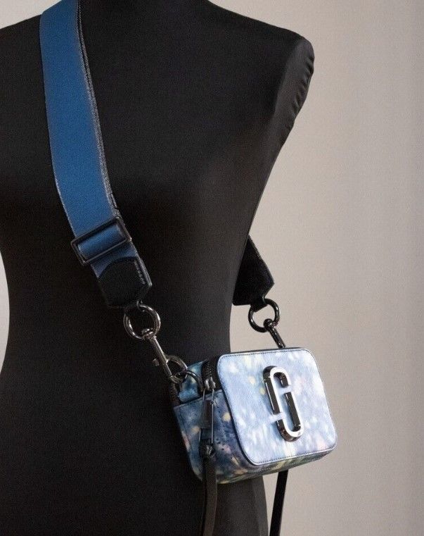 Marc Jacobs The Snapshot Bag Watercolor Printed Leather Shoulder Bag Blue Purse