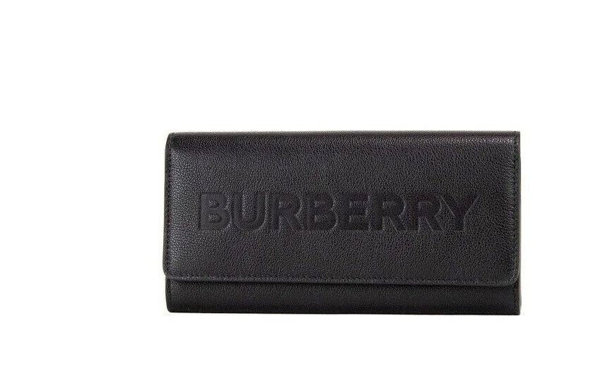 Burberry Porter Grained Leather Branded Logo Embossed Clutch Flap Black Wallet