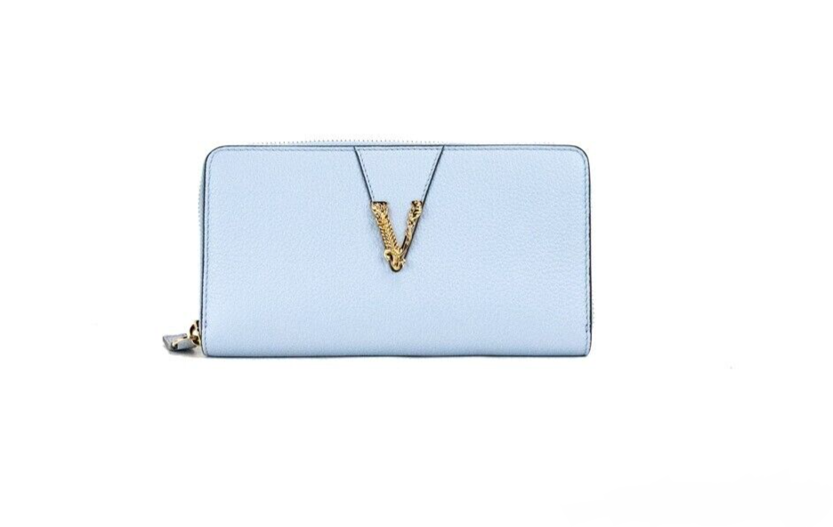 Versace Large Cornflower Grainy Leather Monogram Zip Around Clutch Gold Wallet