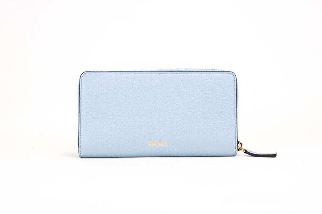 Versace Large Cornflower Grainy Leather Monogram Zip Around Clutch Gold Wallet