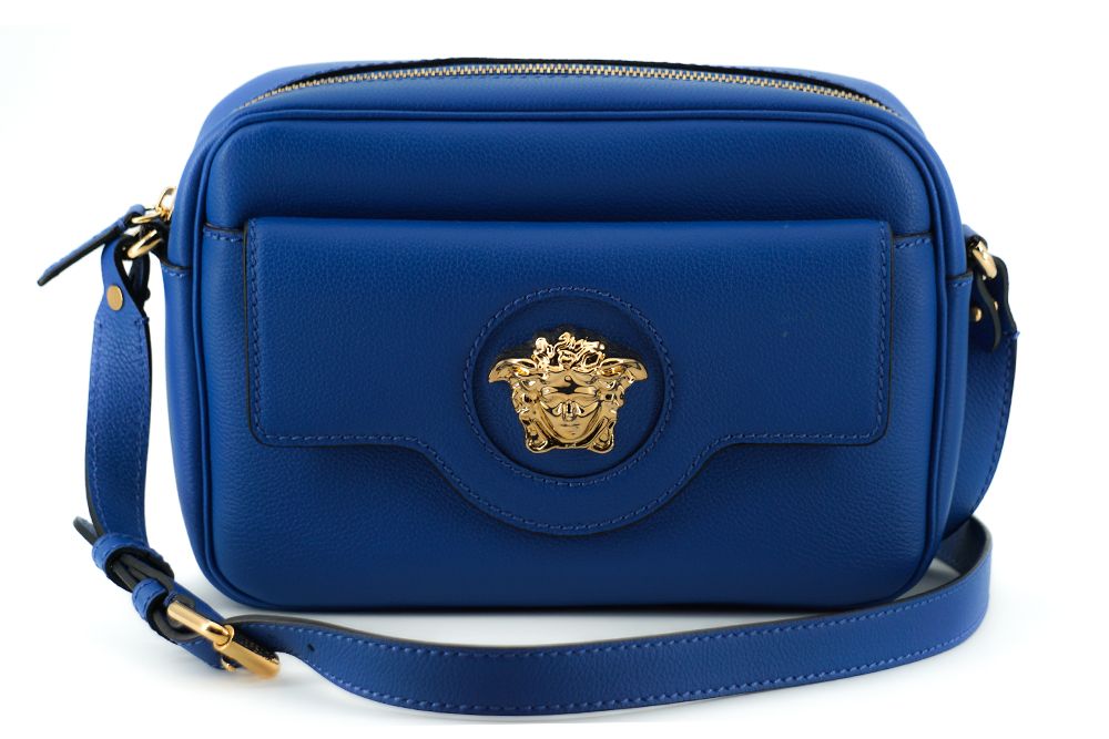 Versace Elegant Calf Leather Camera Case Blue Bag
