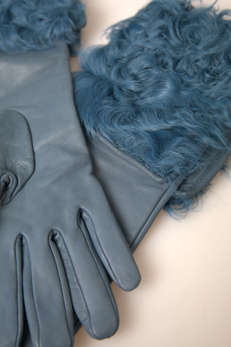 Dolce & Gabbana Elegant Leather Gloves With Fur Blue Trim