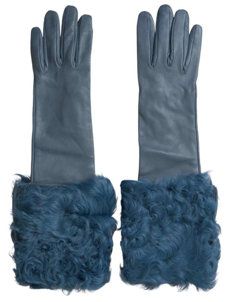Dolce & Gabbana Elegant Leather Gloves With Fur Blue Trim