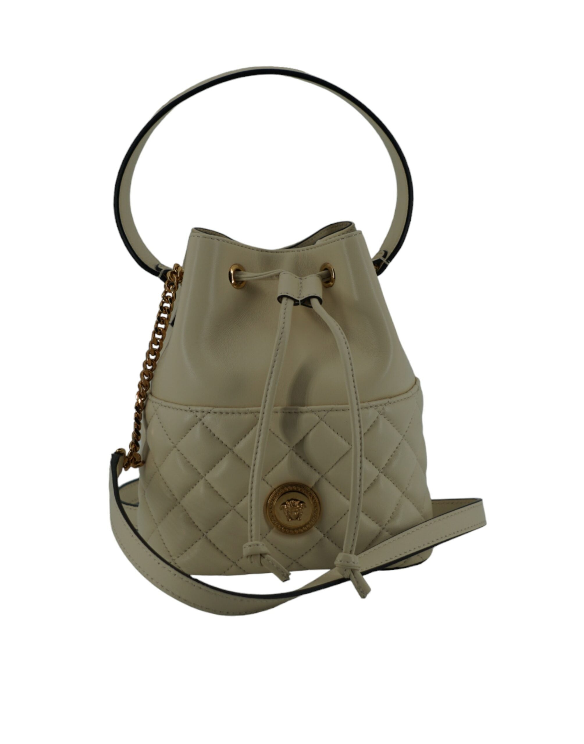 Versace Elegant Small Leather Bucket Shoulder White Bag