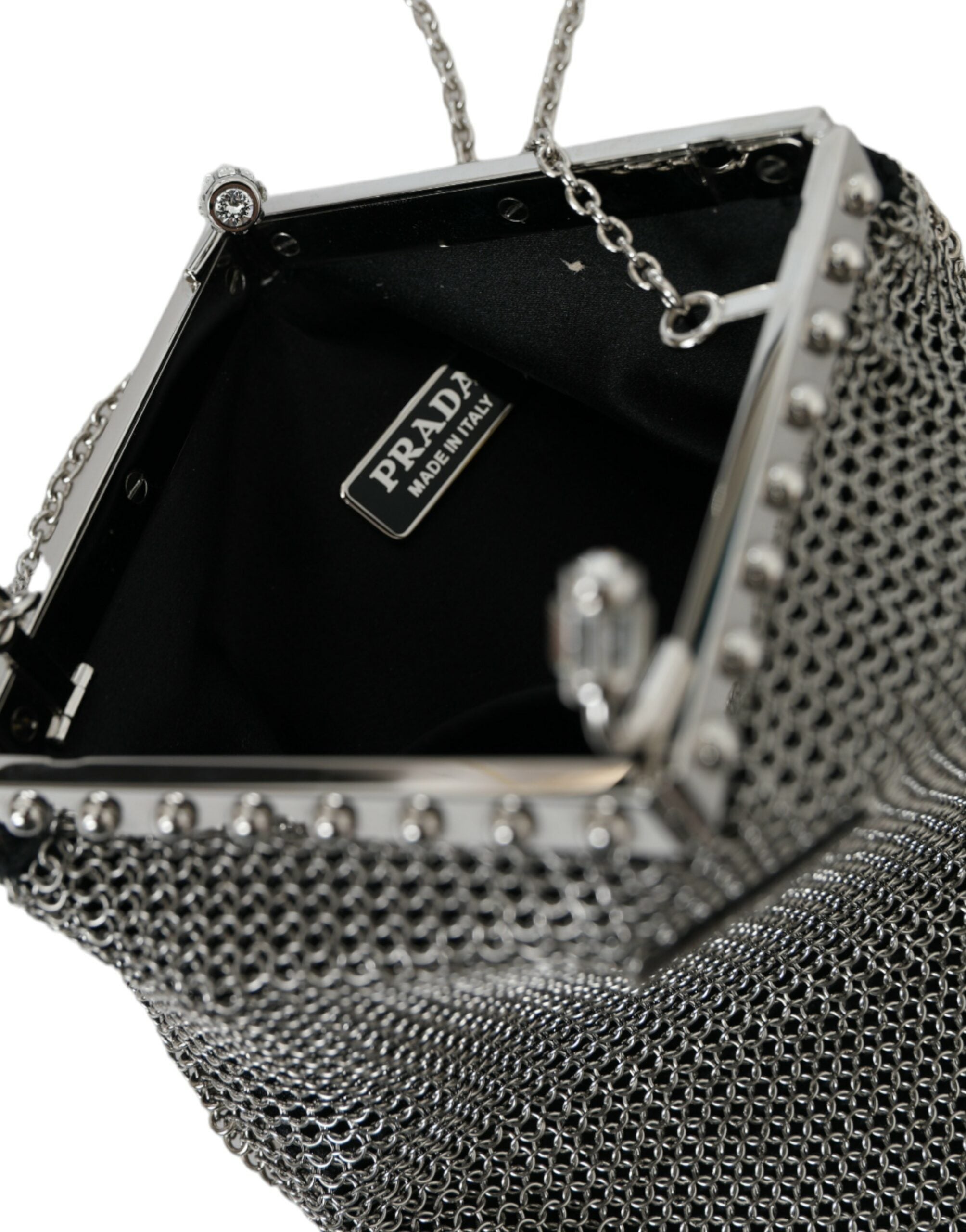 Prada Elegant Mesh Shoulder Evening Silver Bag