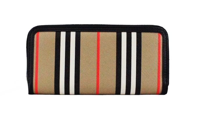 Burberry Eller Leather Icon Stripe Canvas Zip Around Continental Black Wallet