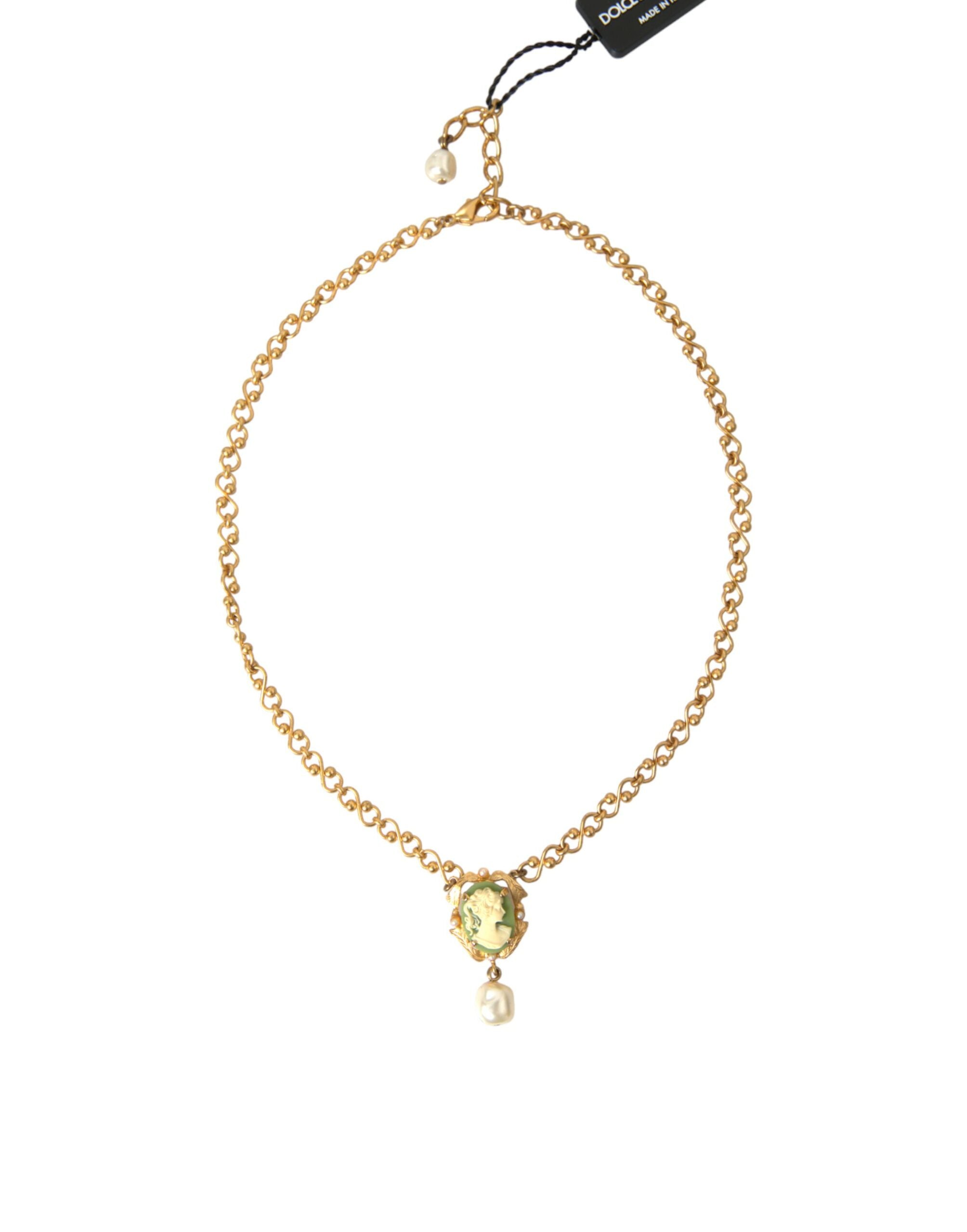 Dolce & Gabbana Brass Chain Pearl Pendant Charm Gold Necklace