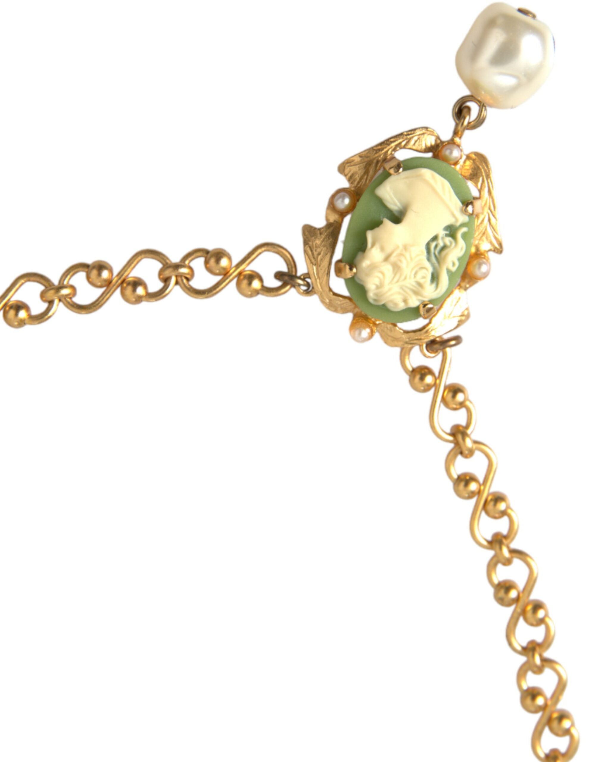 Dolce & Gabbana Brass Chain Pearl Pendant Charm Gold Necklace