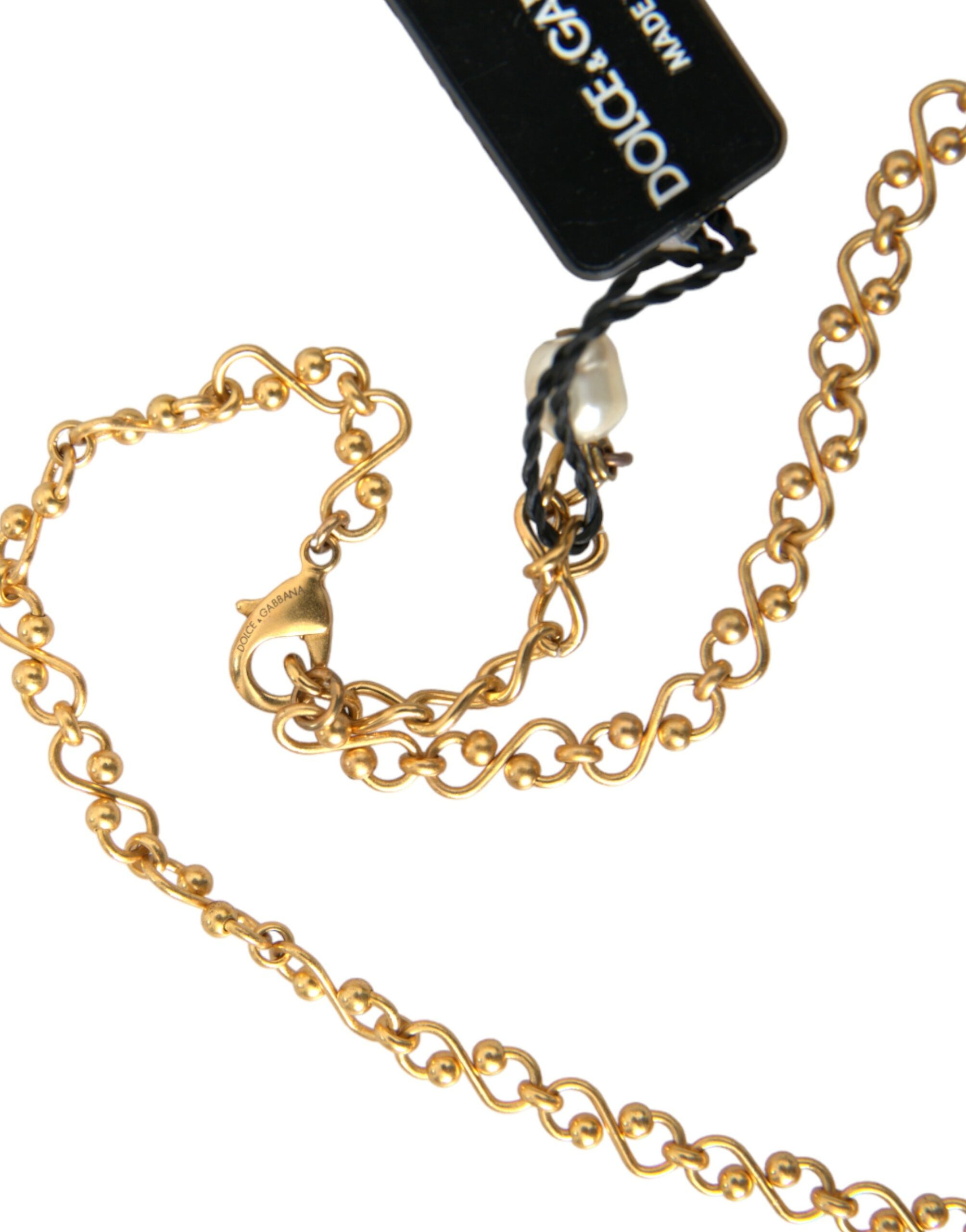 Dolce & Gabbana Brass Chain Pearl Pendant Charm Gold Necklace