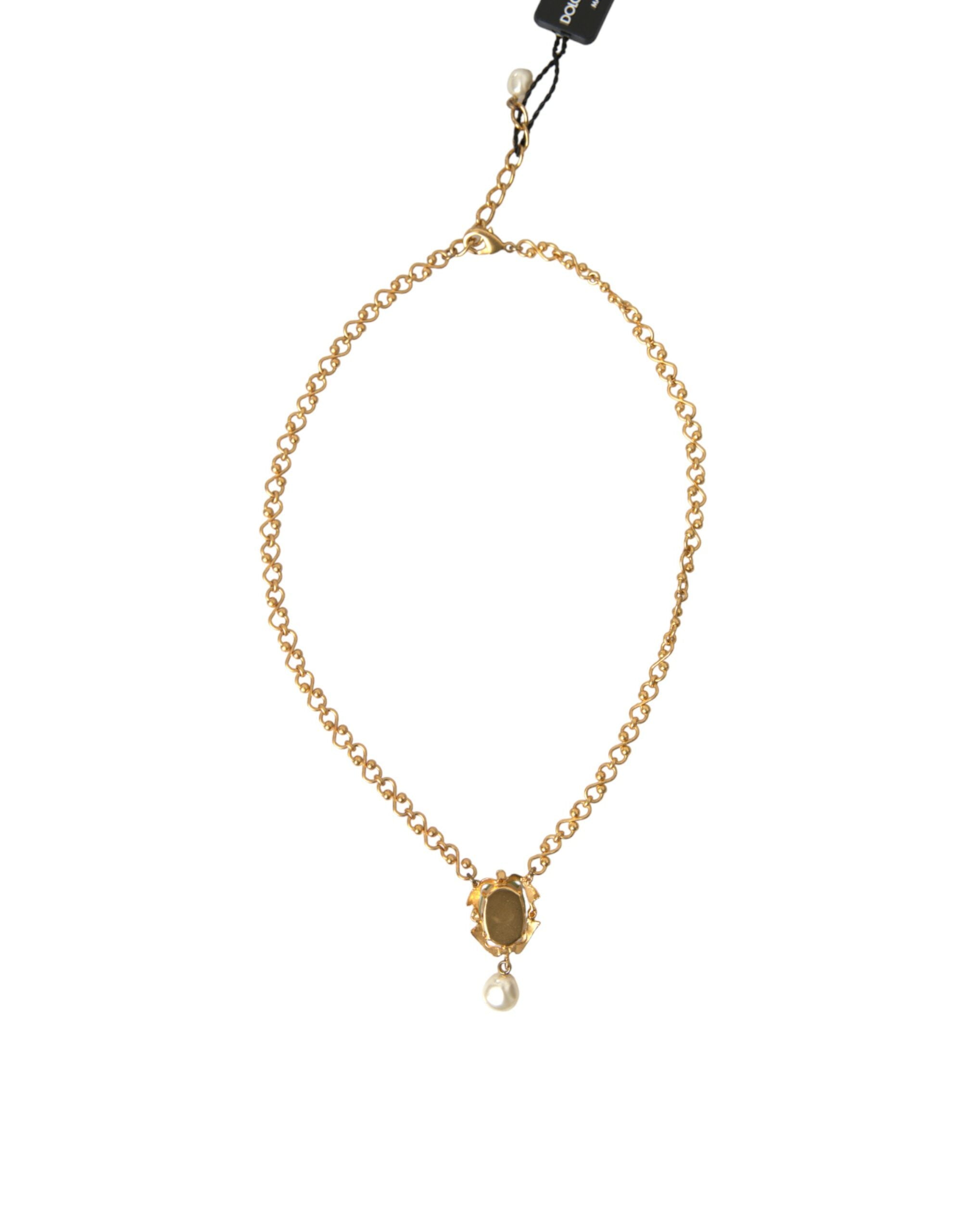 Dolce & Gabbana Brass Chain Pearl Pendant Charm Gold Necklace