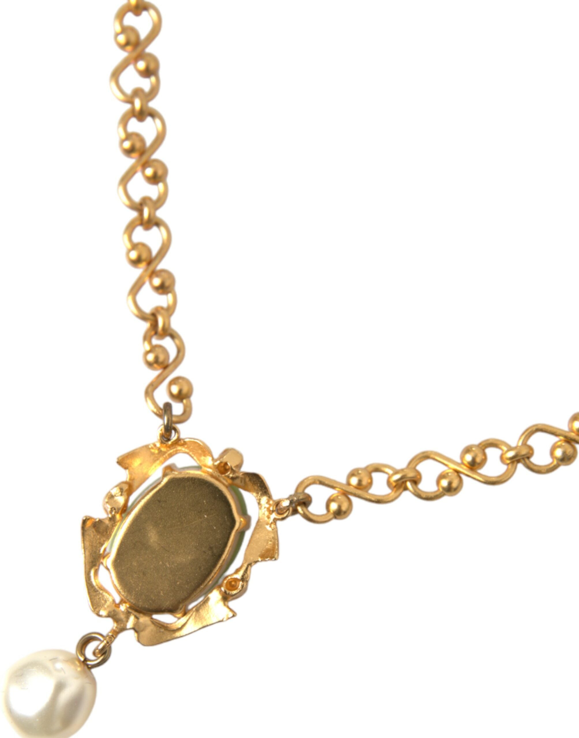 Dolce & Gabbana Brass Chain Pearl Pendant Charm Gold Necklace
