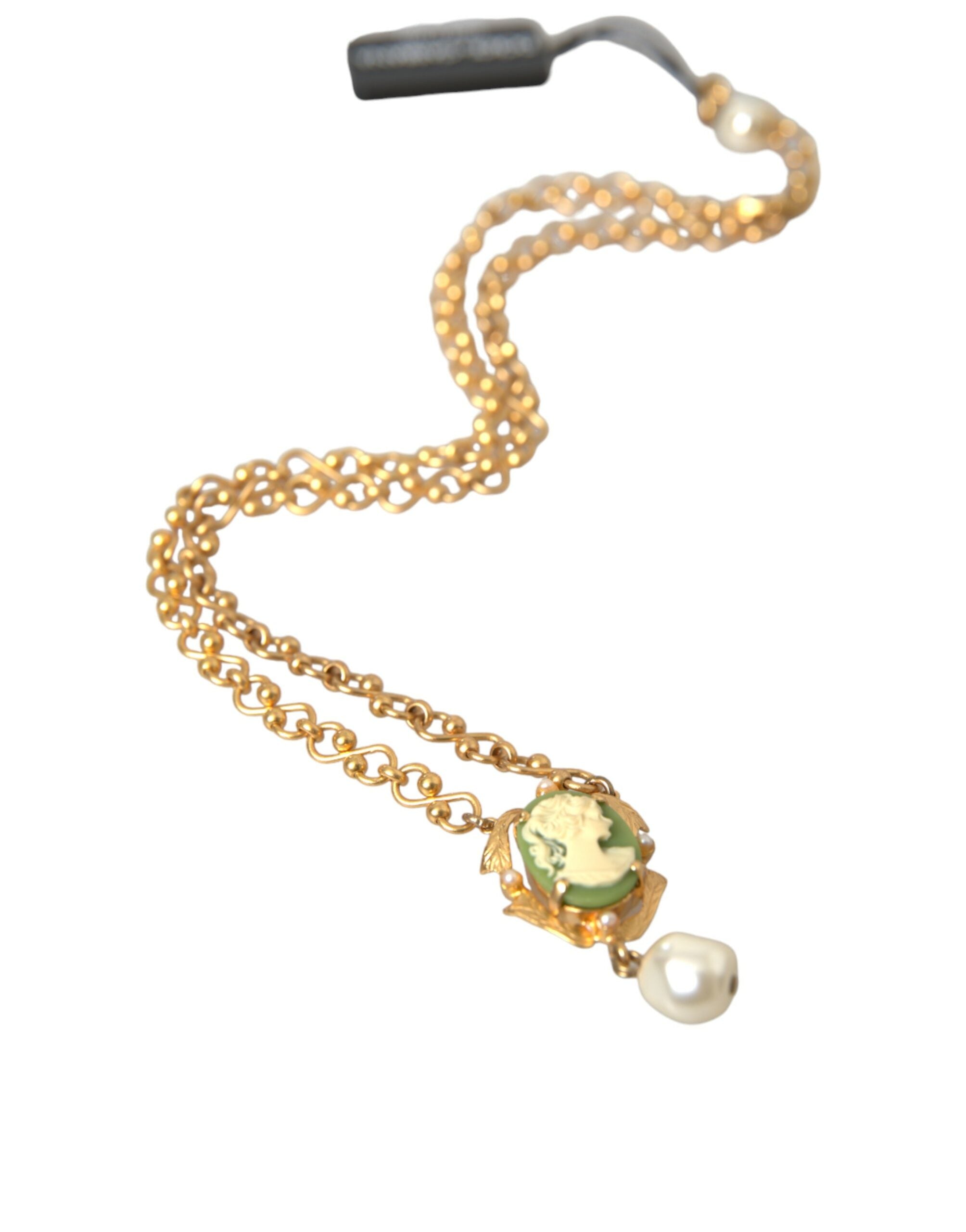 Dolce & Gabbana Brass Chain Pearl Pendant Charm Gold Necklace