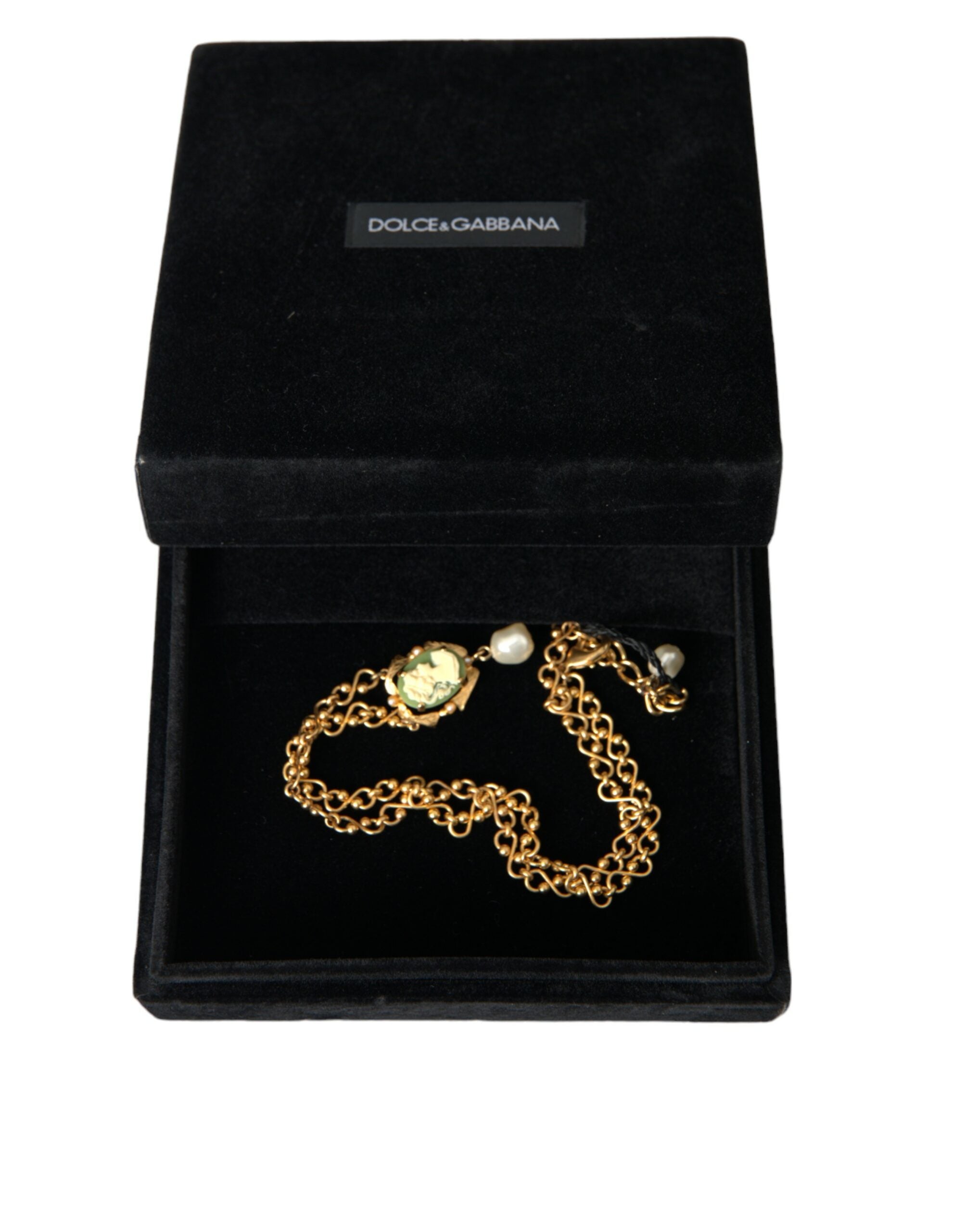 Dolce & Gabbana Brass Chain Pearl Pendant Charm Gold Necklace