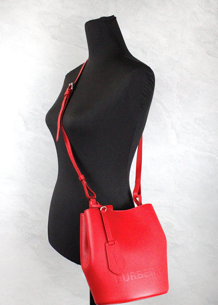 Burberry Lorne Small Pebbled Leather Bucket Crossbody Purse Red Bag