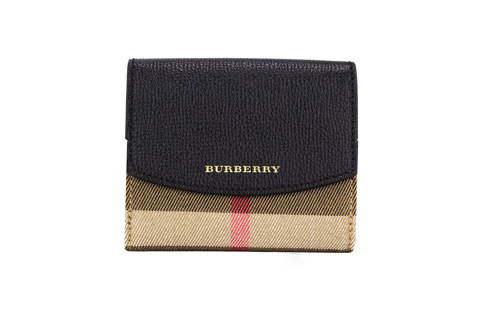 Burberry Luna Grained Leather House Check Canvas Coin Pouch Snap Black Wallet