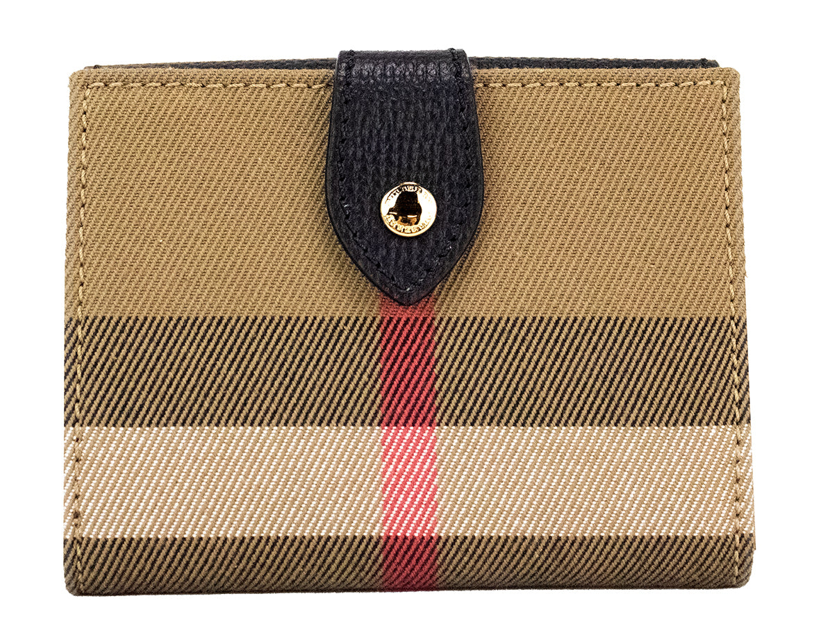 Burberry Luna Grained Leather House Check Canvas Coin Pouch Snap Black Wallet