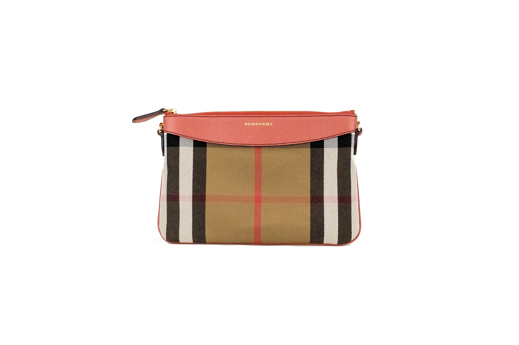 Burberry Peyton House Check Der Cinnamon Grain Leather Pouch Crossbody Red Bag