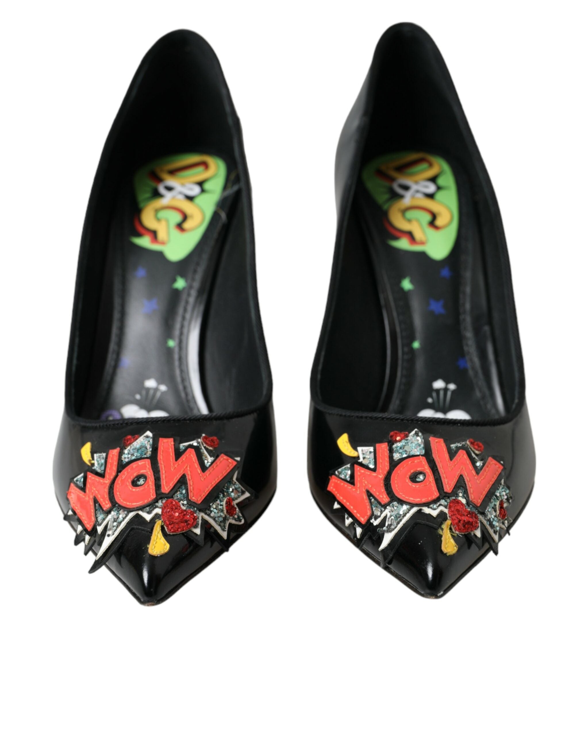 Dolce & Gabbana Black Leather Wow Patch Heels Pumps Shoes