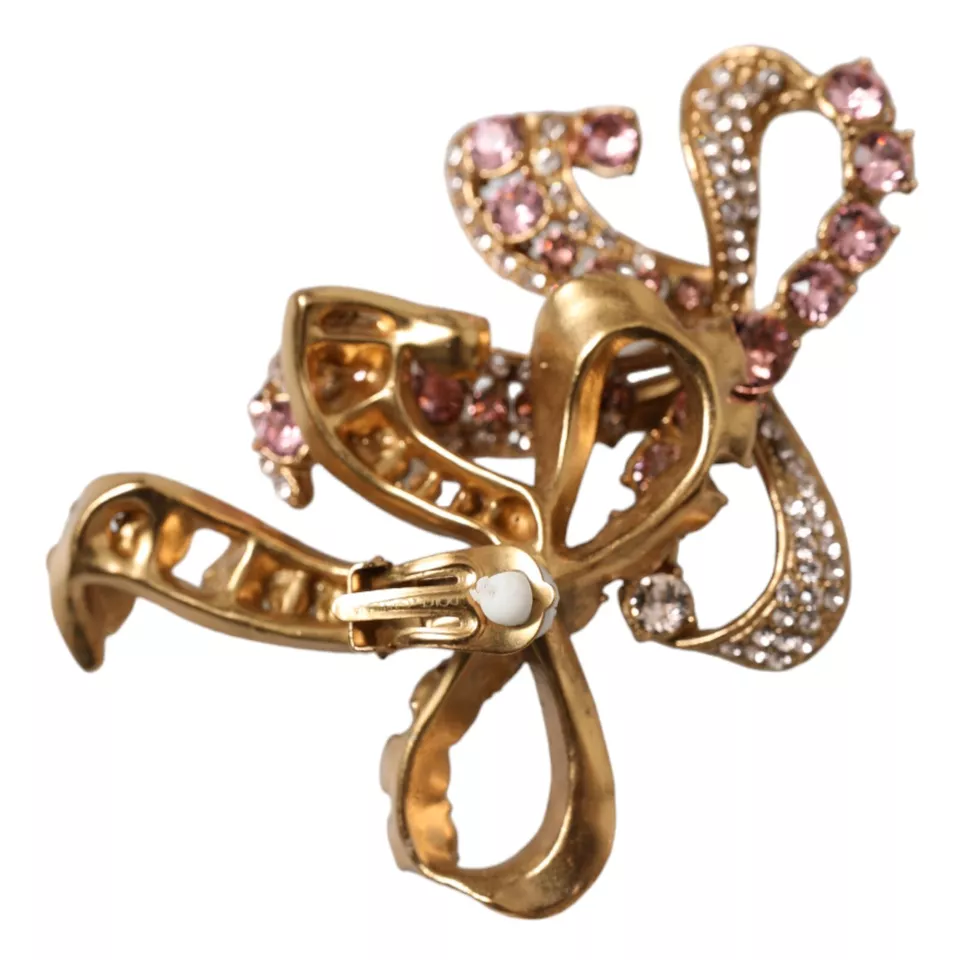 Dolce & Gabbana Brass Crystal Bow Fiocchi Gold Pink Clear Christmas