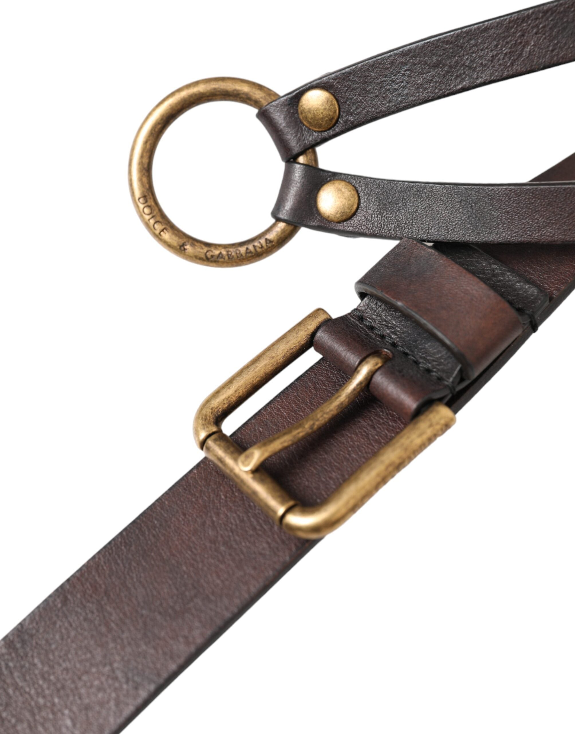 Dolce & Gabbana Brown Leather Dark Gold Metal Buckle Belt