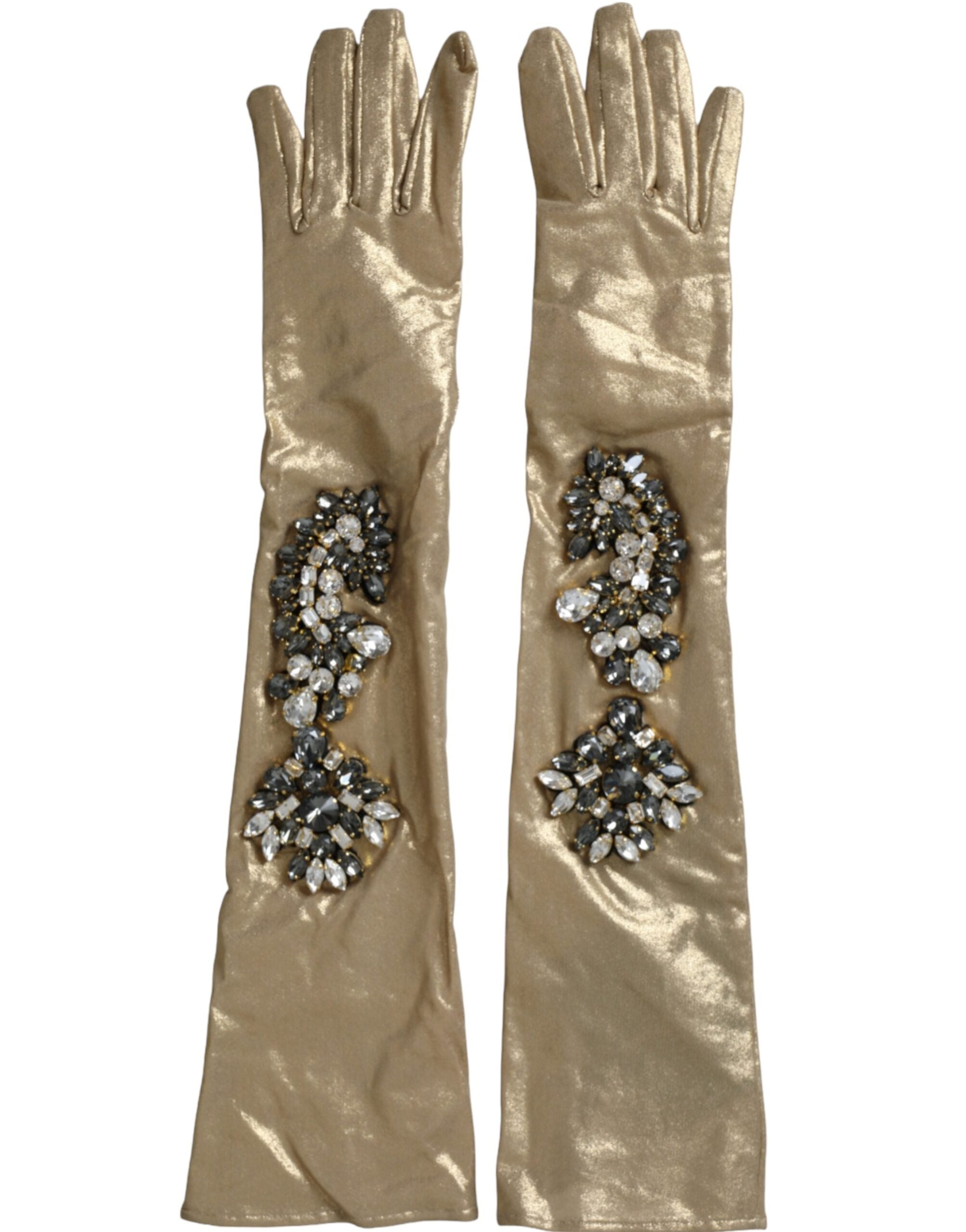 Dolce & Gabbana Satin Crystal Elbow Length Beige Gloves
